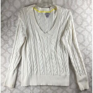 JCP Cable Knit Sweater Women XL Ivory Good V-Neck Long Sleeve Cotton Fall Winter